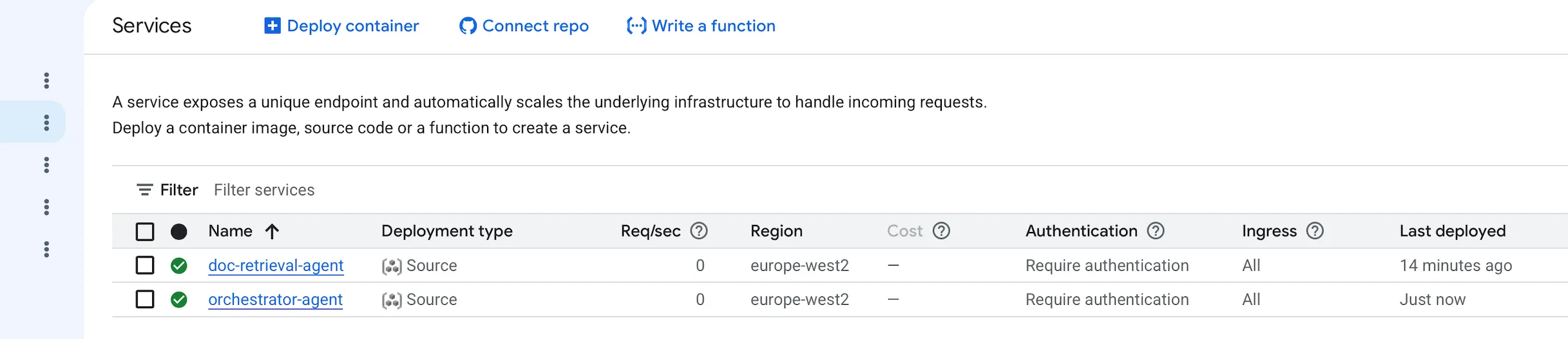 Cloud Run console showing two services: doc-retrieval-agent and orchestrator-agent, both in europe-west2, both set to Require authentication