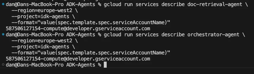 Terminal output showing the same service account, 587506127154-compute@developer.gserviceaccount.com, returned for both doc-retrieval-agent and orchestrator-agent