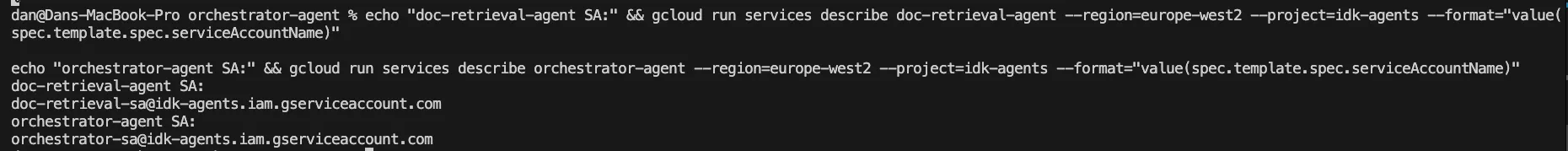 Terminal output showing two different service accounts: doc-retrieval-sa@idk-agents.iam.gserviceaccount.com for the sub-agent and orchestrator-sa@idk-agents.iam.gserviceaccount.com for the orchestrator
