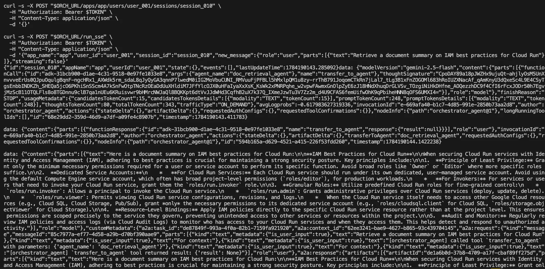 Terminal output showing the orchestrator’s response calling transfer_to_agent with agent_name doc_retrieval_agent, followed by a full IAM best practices document summary returned from the sub-agent