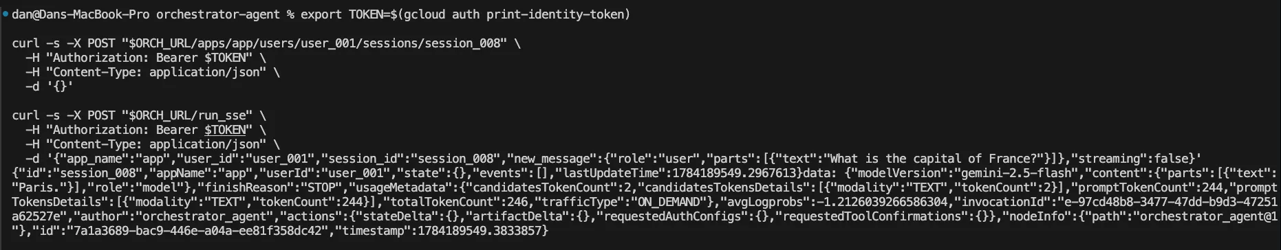 Terminal output showing the orchestrator responding directly with “Paris.”, no transfer_to_agent call, no delegation