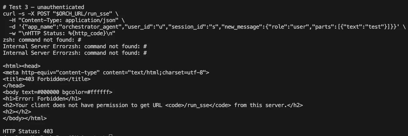 Terminal output showing a 403 Forbidden response: “Your client does not have permission to get URL /run_sse from this server”