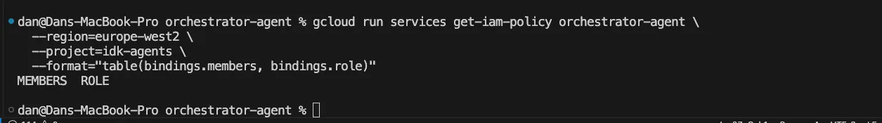 Terminal output showing an empty MEMBERS and ROLE table for the orchestrator-agent IAM policy: no bindings at all