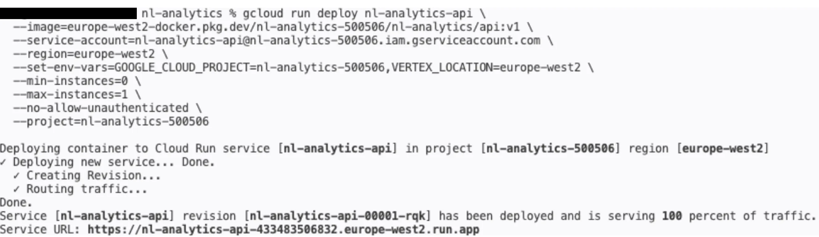 Cloud Run terminal output showing successful deployment with service URL