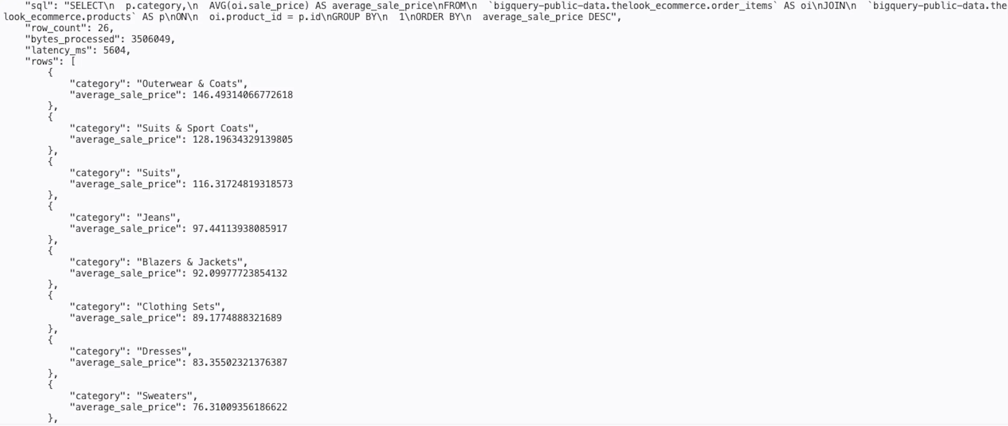 Terminal output showing average sale price by category, bytes_processed 3506049, latency_ms 5684, 26 rows