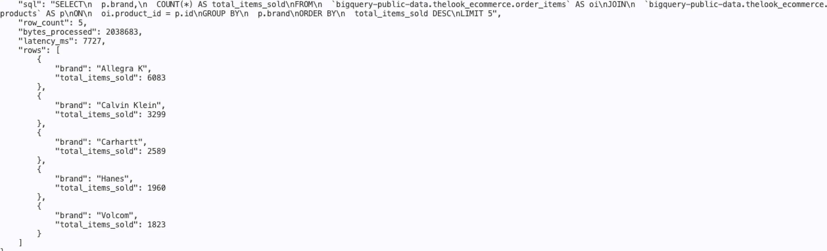 Terminal output showing JSON response with SQL, bytes_processed 5370000, latency_ms 6327, and top 5 revenue categories