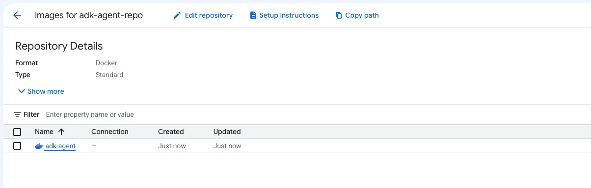 Artifact Registry console showing the adk-agent-repo Docker repository with a single adk-agent image, confirming one image built once and shared by both deployments