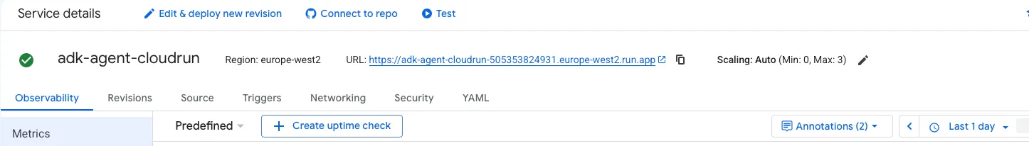 Cloud Run console showing the adk-agent-cloudrun service details, deployed URL, and Scaling set to Auto with Min 0 / Max 3