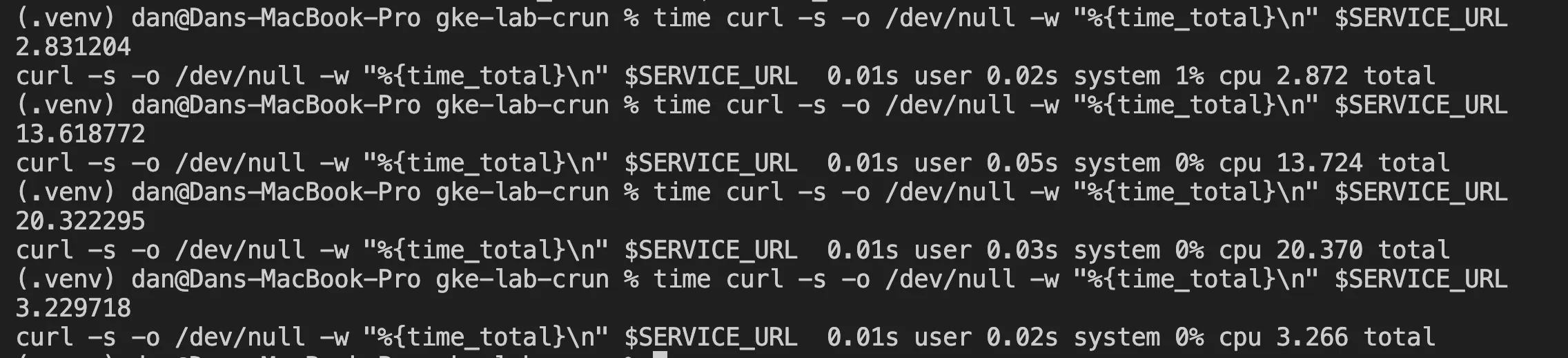 Terminal output of repeated time curl requests against the Cloud Run service, showing cold-start timings including 2.83s and 13.6s runs