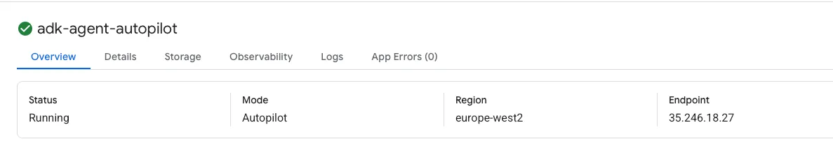 GKE console Overview for adk-agent-autopilot showing Status: Running, Mode: Autopilot, Region: europe-west2