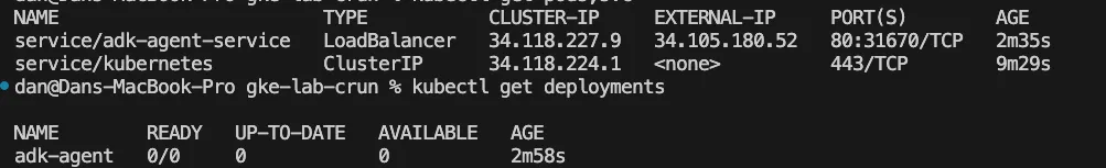 kubectl get svc and kubectl get deployments output showing the adk-agent-service LoadBalancer with an external IP assigned, and the adk-agent deployment showing 0/0 ready in its scaled-down state