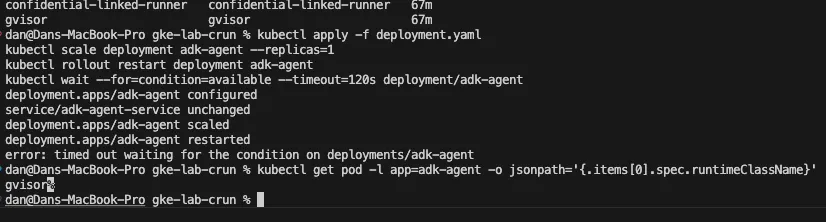 Terminal output of kubectl get pod with a jsonpath query for spec.runtimeClassName, returning “gvisor”
