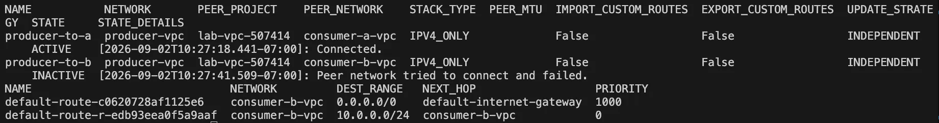 Peering list: producer-to-a ACTIVE, producer-to-b INACTIVE (“Peer network tried to connect and failed”)