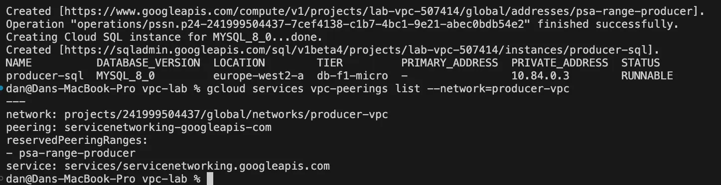 Cloud SQL instance producer-sql RUNNABLE at private address 10.84.0.3, with the servicenetworking peering shown below it