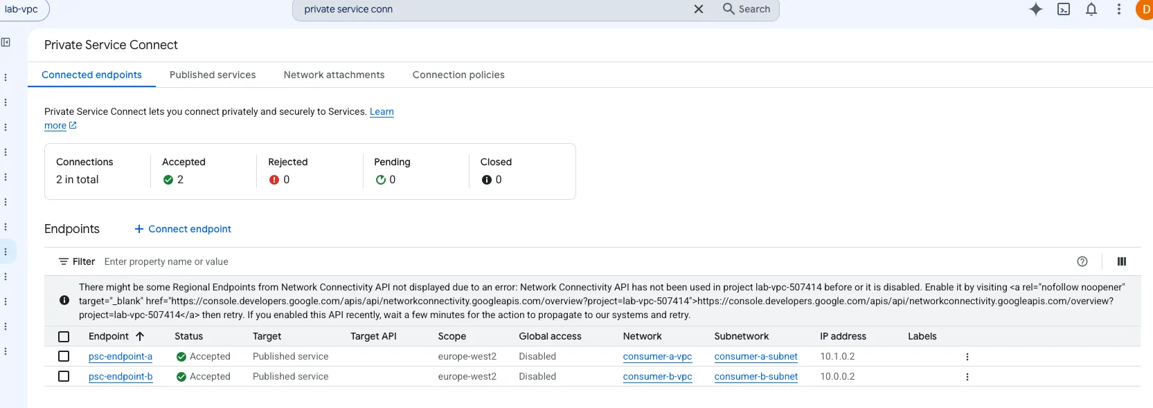 PSC connected endpoints console: psc-endpoint-a and psc-endpoint-b both Accepted