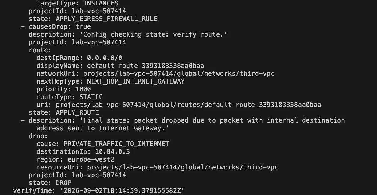 Connectivity test result: UNREACHABLE, dropped with cause PRIVATE_TRAFFIC_TO_INTERNET