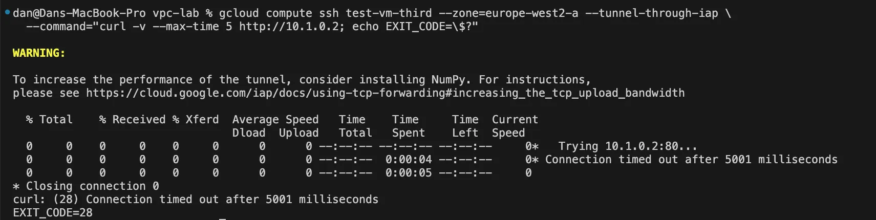 curl -v to the PSC endpoint timing out after 5001ms, EXIT_CODE=28