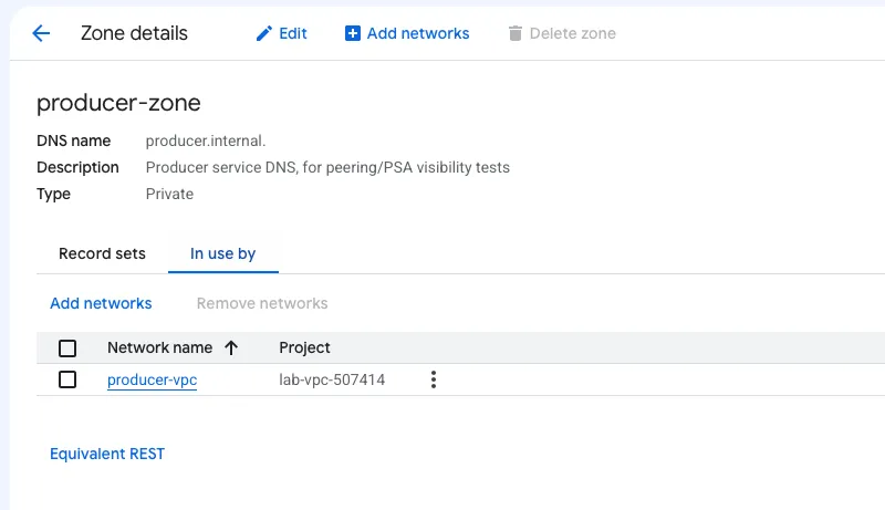 Cloud DNS producer-zone “In use by” panel: only producer-vpc attached