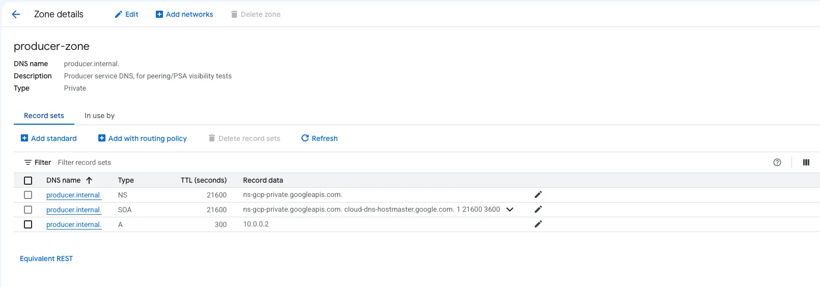Cloud DNS producer-zone record set: an A record for producer.internal pointing to 10.0.0.2